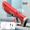 A red electric automatic water gun with a silver grip and battery display is shown against a light blue background.