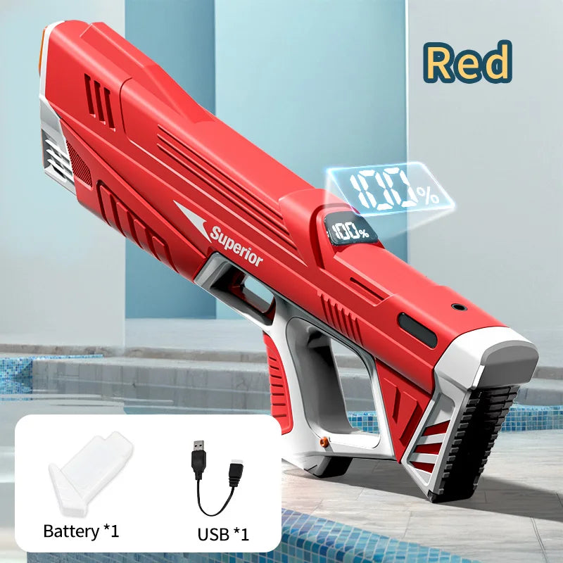 A red electric automatic water gun with a silver grip and battery display is shown against a light blue background.