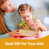 A young girl is playing with a wooden light-up busy board gift for kids.