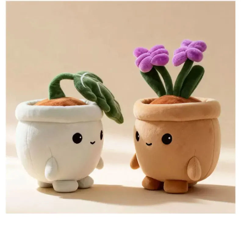 A pair of cute plush toys resembling potted succulents with green leaves and purple flowers in terracotta pots.