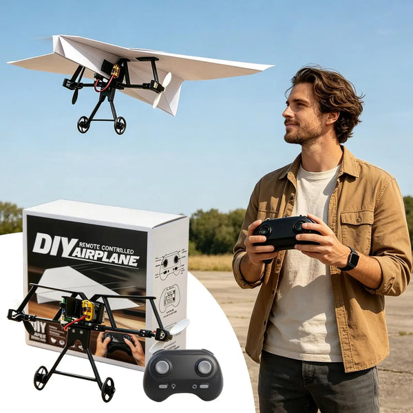 A man holds a remote controlled paper airplane kit with a gyro stabilizer and a controller against a bright sky.
