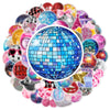 A colorful mosaic of disco and graffiti-themed stickers, including a large blue disco ball sticker.