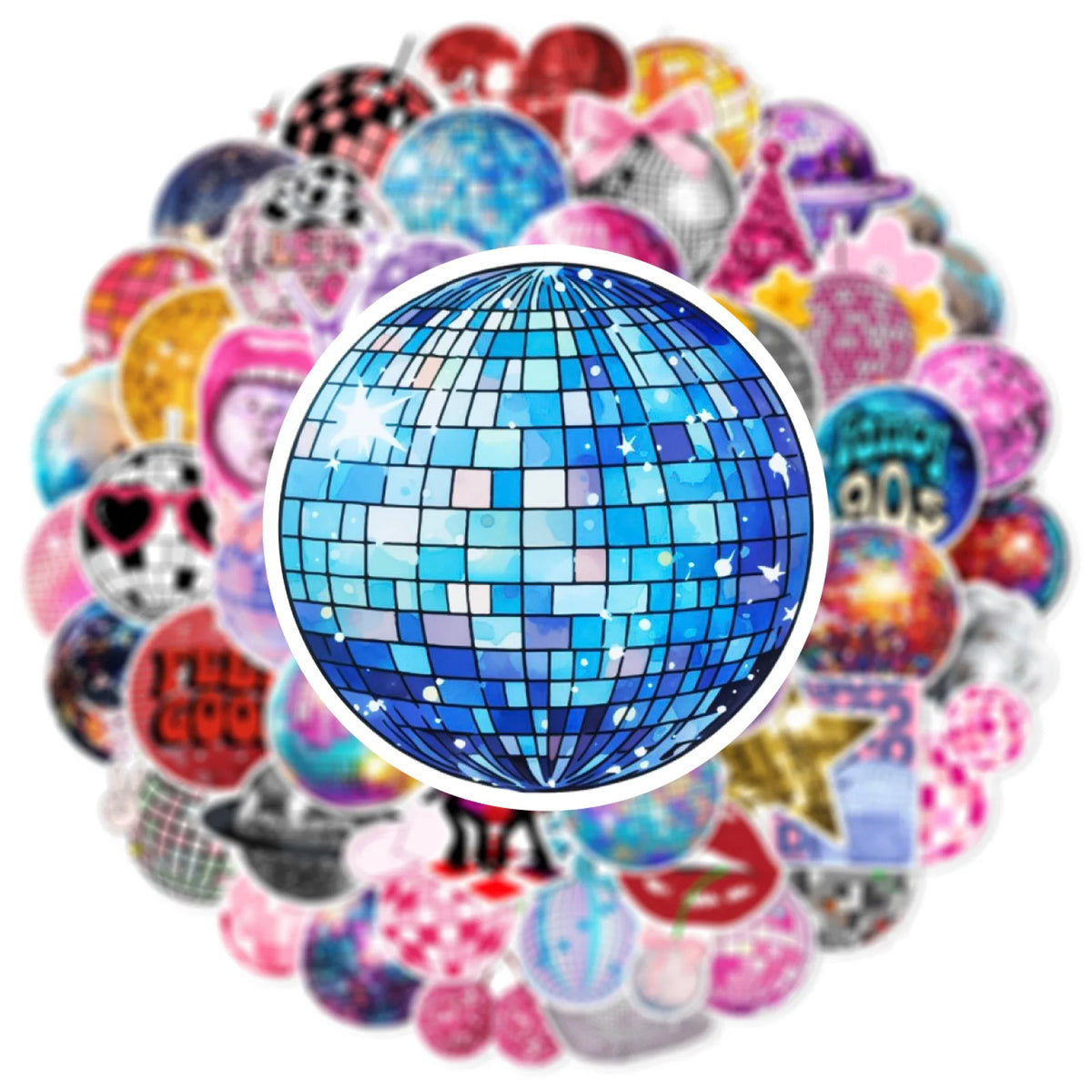 A colorful mosaic of disco and graffiti-themed stickers, including a large blue disco ball sticker.