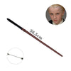 A long, slender metal magic wand with a dark handle and a silver tip, shown next to a portrait of a young woman.