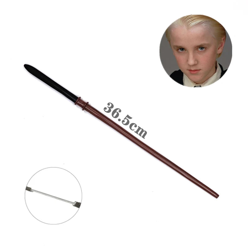 A long, slender metal magic wand with a dark handle and a silver tip, shown next to a portrait of a young woman.