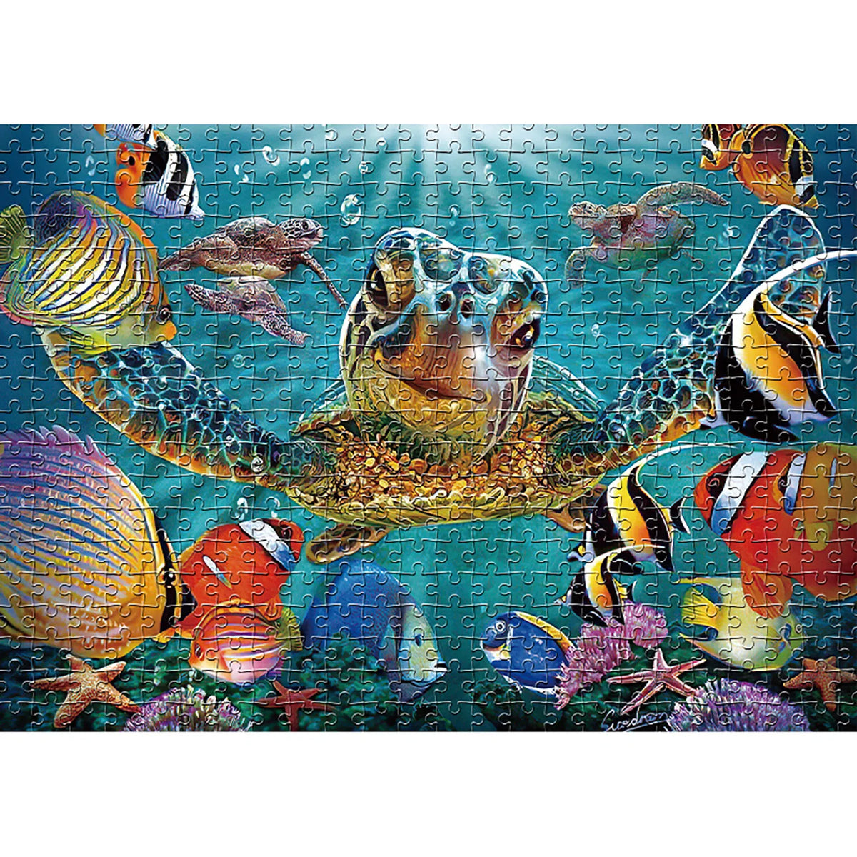 A 1000-piece jigsaw puzzle depicting various sea creatures and an ocean giant turtle.