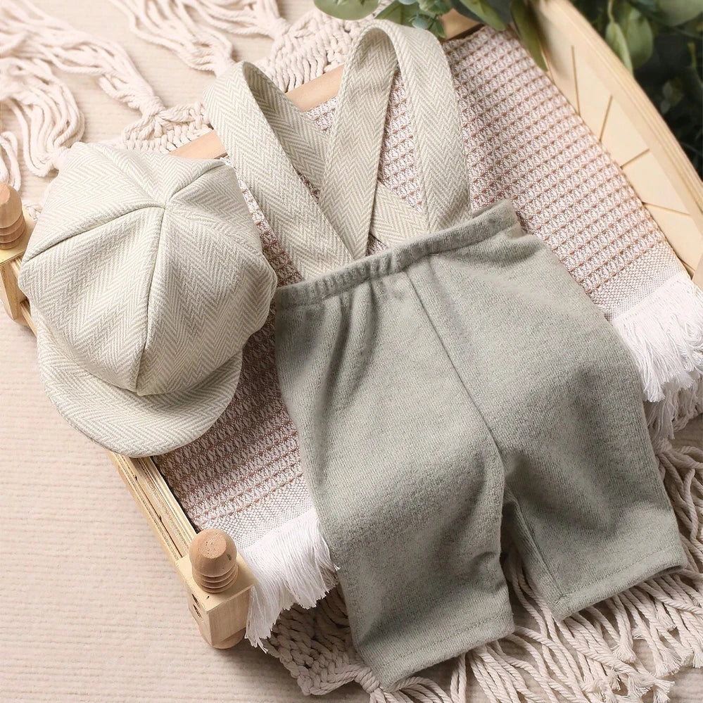 A set of a light sage green knit romper and matching newsboy cap laid on a wooden frame with knitted fabric.