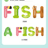 Educational puzzle showing letters F I S H formed by various animal shapes like Flamingo, Iguana, Snake, Horse, and a Fish.