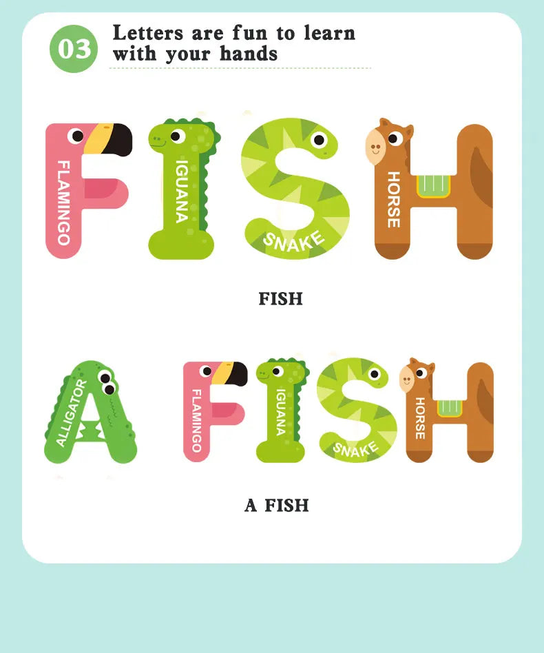 Educational puzzle showing letters F I S H formed by various animal shapes like Flamingo, Iguana, Snake, Horse, and a Fish.
