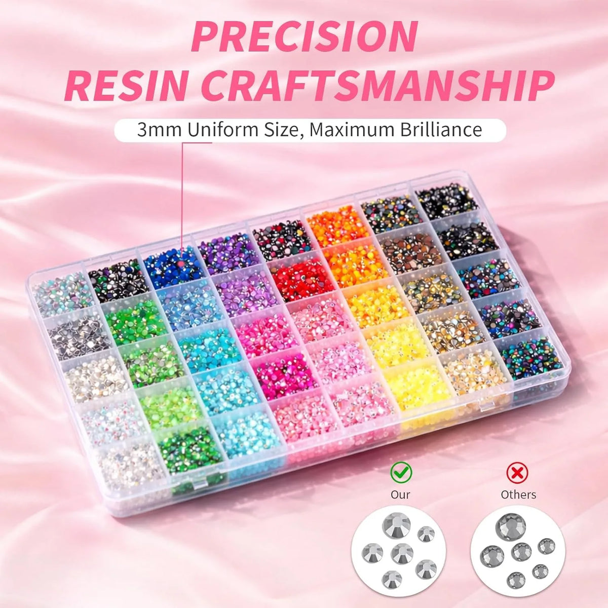 A tray of 3mm uniform size resin craft rhinestones in various colors and sizes for jewelry making