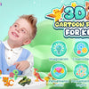 A young boy is happily assembling a 3D cartoon puzzle set featuring animals, dinosaurs, insects, and vehicles.