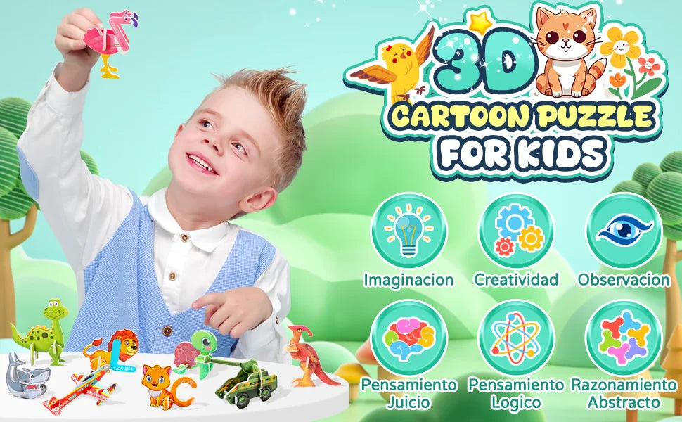 A young boy is happily assembling a 3D cartoon puzzle set featuring animals, dinosaurs, insects, and vehicles.