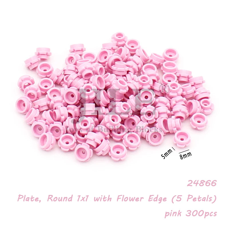 A pile of pink round building blocks with a flower edge, sold in a 300-piece set.