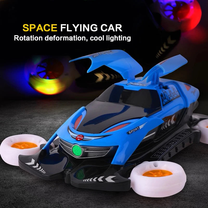 A blue and black space flying car toy with rotation deformation and cool lighting effects.