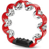 Red and silver petal-shaped hand-cranked tambourine with an ergonomic grip.