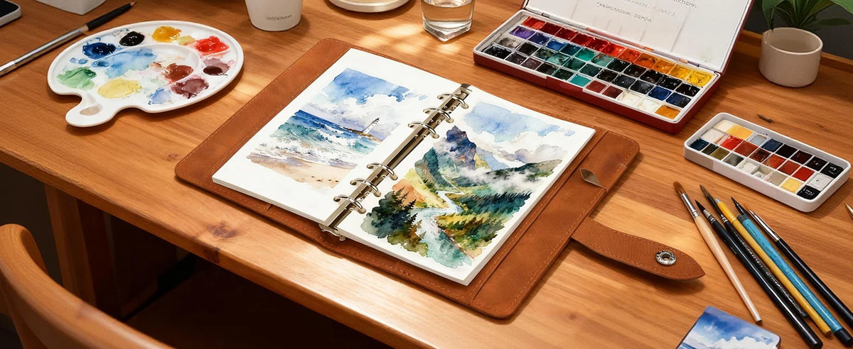 A watercolor sketchbook with lay-flat binding and a palette of paints is displayed on a wooden table.