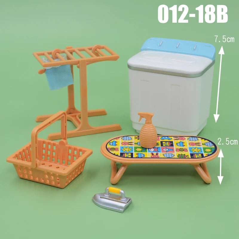 A dollhouse furniture playset featuring a white toilet, an orange rack, and a yellow tray on a wooden stand.