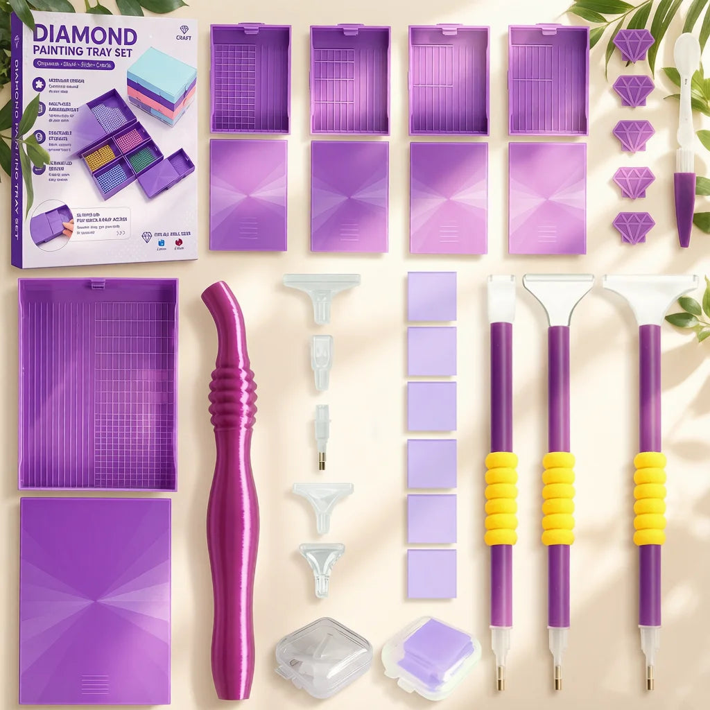 A set of modular diamond painting organizers featuring purple and pink slots and dot pens.