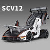A black and white 1:24 Lamborghini Essenza SCV12 diecast model car with a racing seat and detailed features.