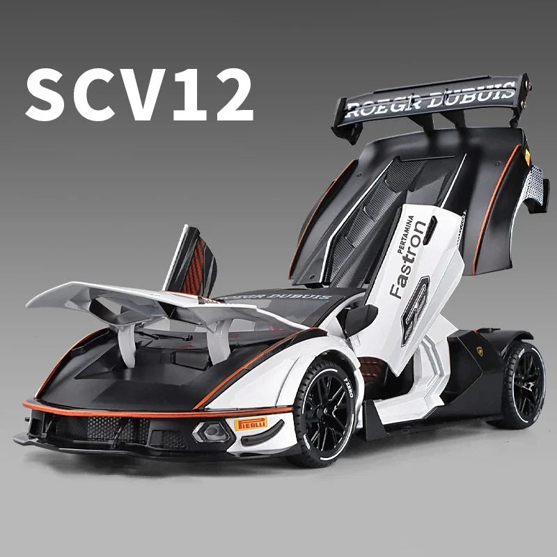 A black and white 1:24 Lamborghini Essenza SCV12 diecast model car with a racing seat and detailed features.