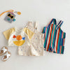 Colorful striped kids overalls featuring a raindrop print and yellow top