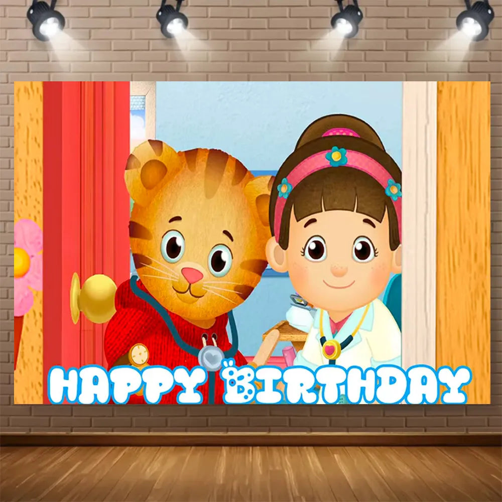A cute cartoon tiger and a smiling child are featured on a birthday backdrop with a happy birthday text.