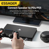 An ESSAGER Connect Speaker adapter is shown next to a PlayStation controller and a black audio device on a desk.