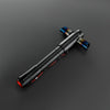 A black lightsaber hilt with blue and orange accents is shown against a dark gray background.