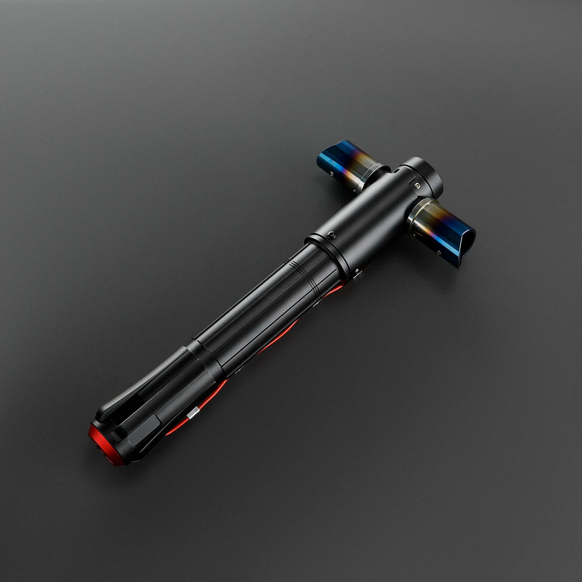 A black lightsaber hilt with blue and orange accents is shown against a dark gray background.