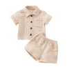 A beige linen shirt and matching shorts outfit set for a baby boy