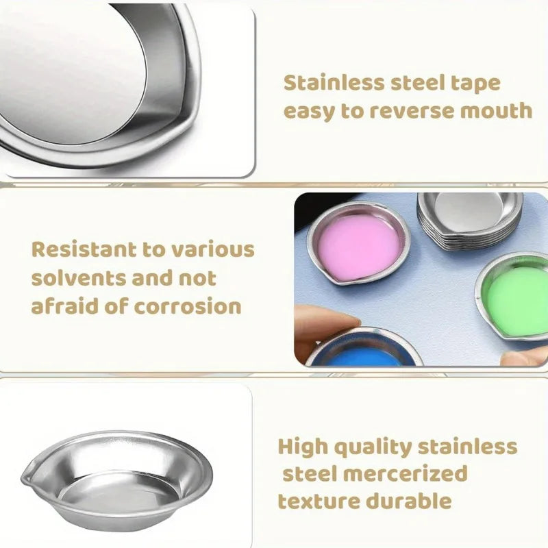 Stainless steel paint palette set showing various colors and a silver dish