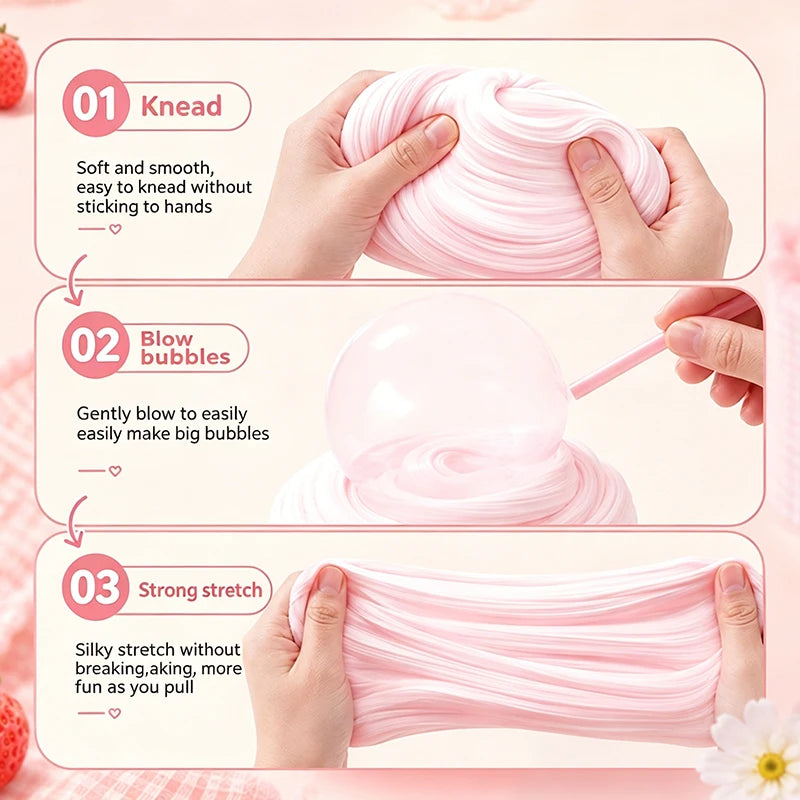 Hands kneading, blowing bubbles, and stretching a pink crystal clear stress relief slime.