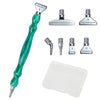 A set of resin diamond painting pens with various threaded dotting tips and a clear plastic tray