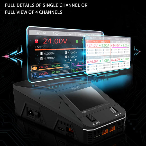 A black multi-channel battery charger with a digital display showing voltage and current settings.