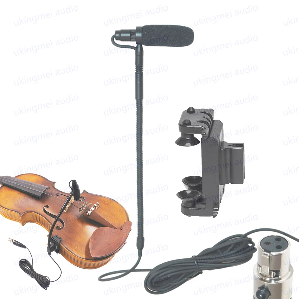 A clip-on condenser microphone with a gooseneck attached to an acoustic instrument and power cable.