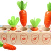 A wooden geometry puzzle set featuring five orange carrot shapes for toddlers