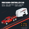 A red mini radio-controlled pickup truck with alloy housing and wheels is shown next to its remote control.