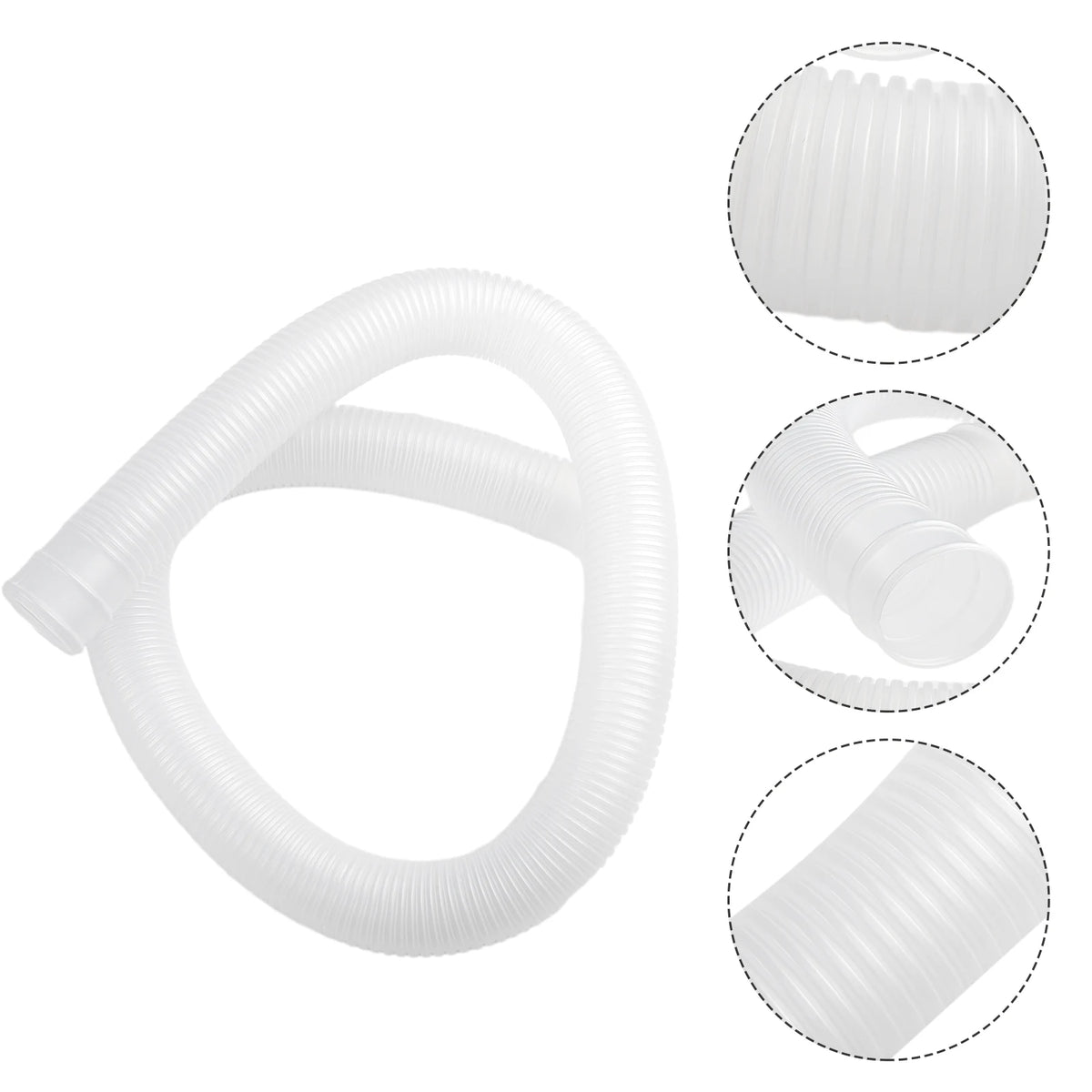 Two white replacement pool pump hoses shown in various angles and close-ups.