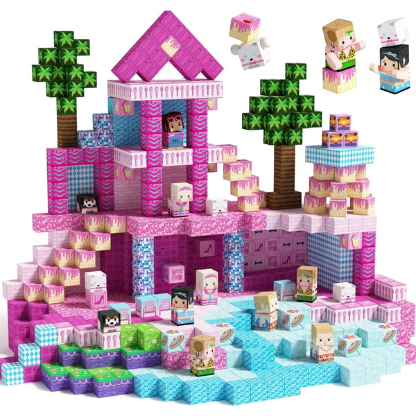 A colorful magnetic building blocks set featuring pink and purple structures, including a house and trees.