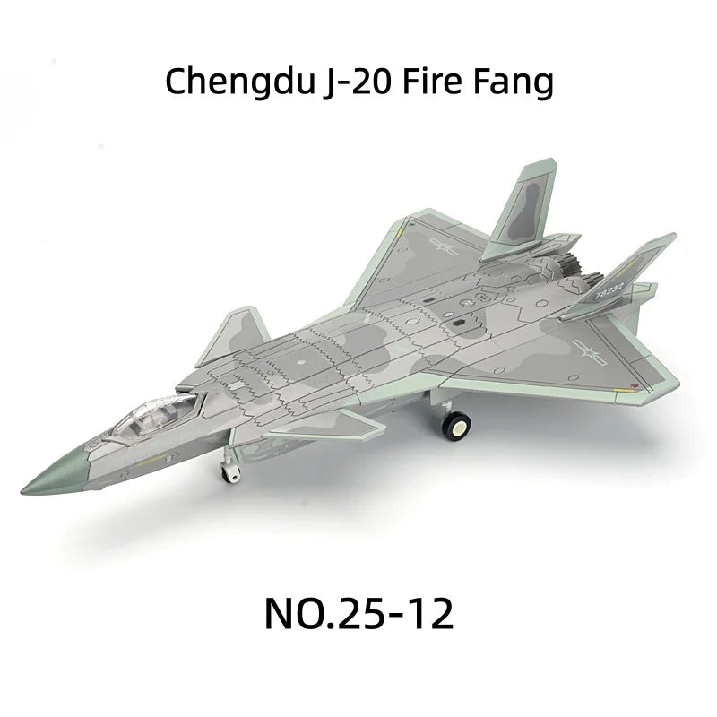 A scale model of a Chengdu J-20 Fire Fang fighter jet in a gray camouflage scheme.