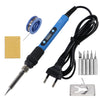 A precision soldering iron with a blue handle, black cord, and tips, along with a soldering iron cleaning tool.
