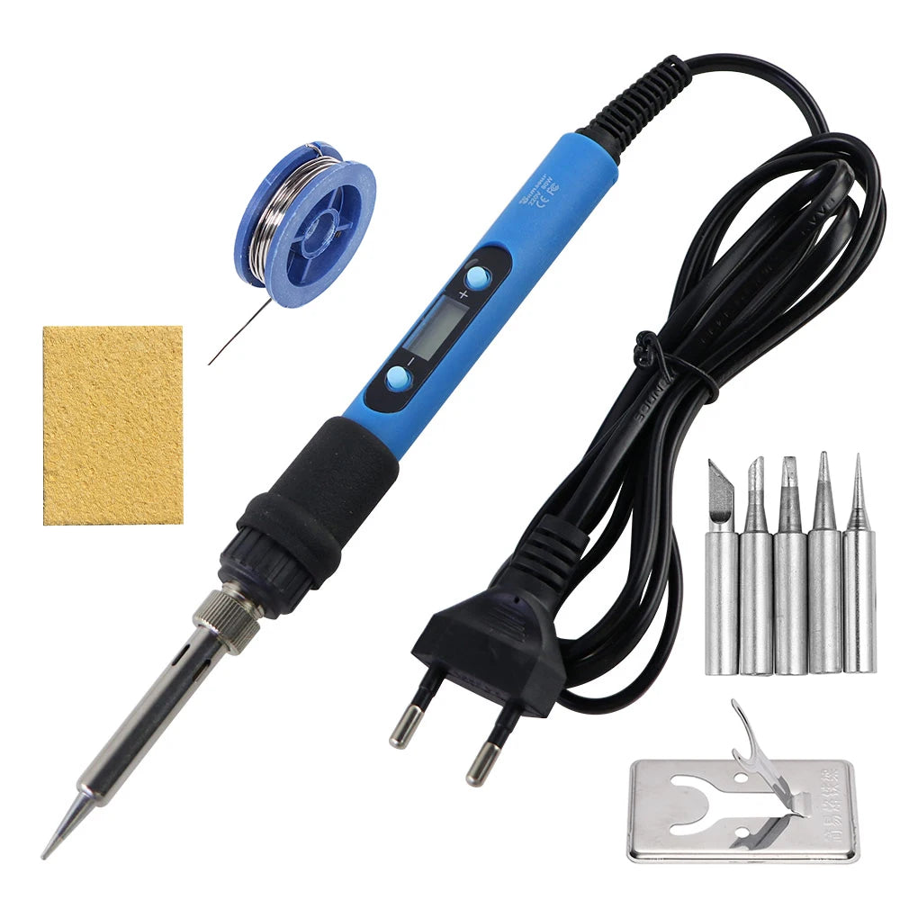 A precision soldering iron with a blue handle, black cord, and tips, along with a soldering iron cleaning tool.