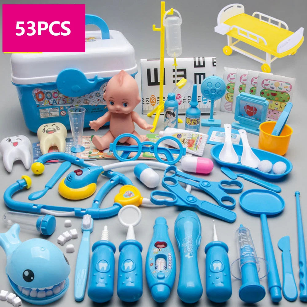 A colorful kids doctor pretend play medical kit featuring various tools like a stethoscope, syringes, and dental instruments.