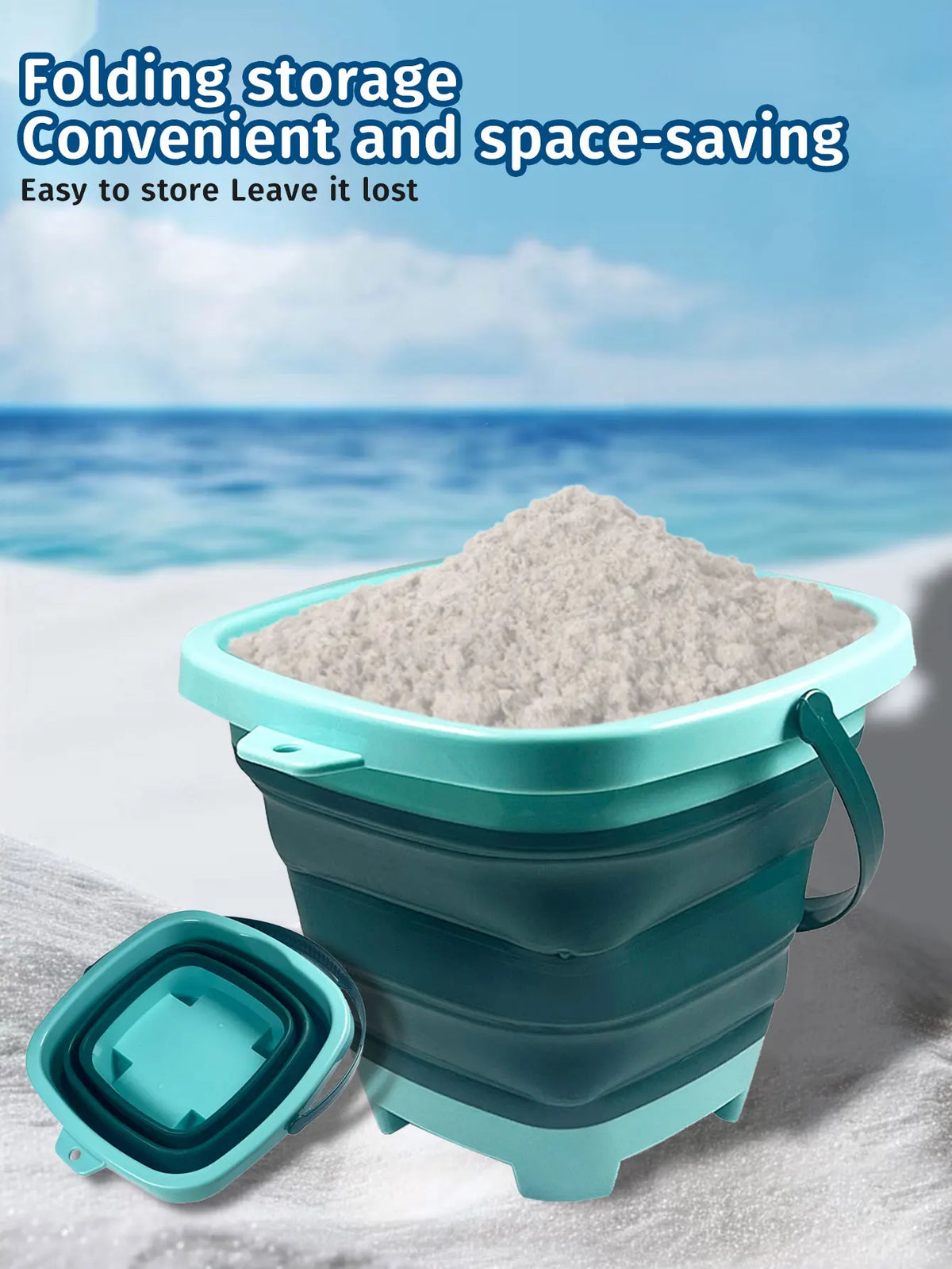 A teal folding storage bucket filled with white sand, shown next to a disassembled piece.