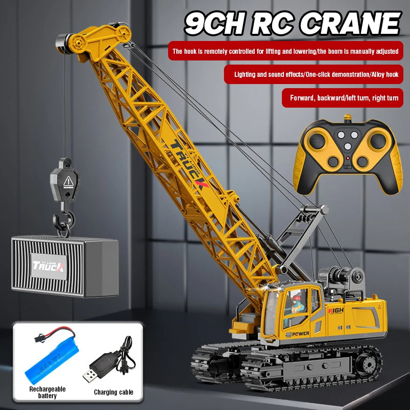 A yellow RC crane truck is shown with a boom, remote control unit, and battery components.