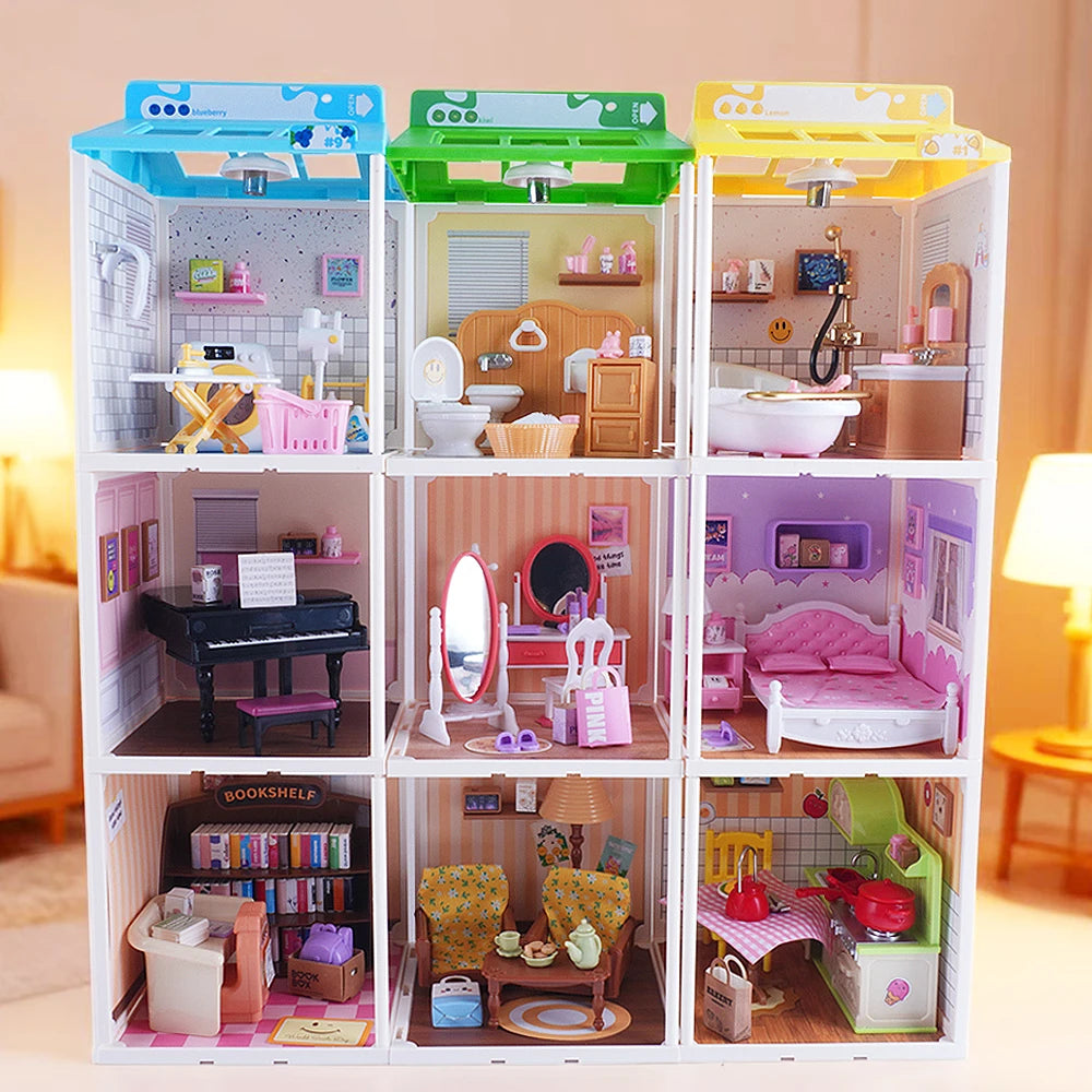 A colorful miniature DIY dollhouse featuring nine room themes with furniture and accessories.