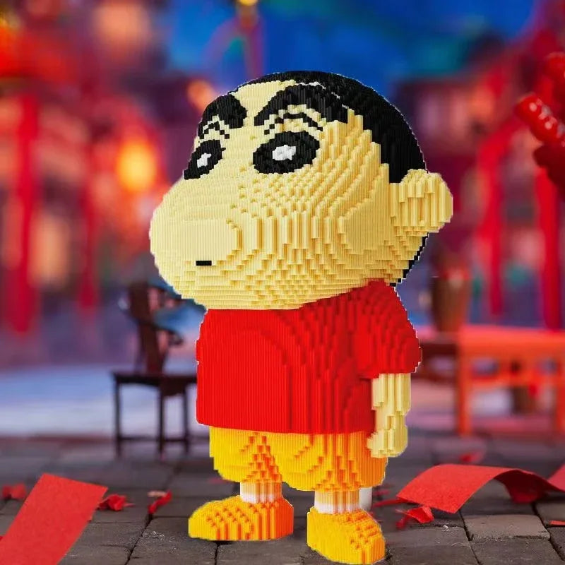 A detailed mini building blocks model kit of a cartoon character in yellow and red colors.
