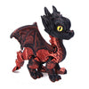 A black and reddish-brown articulated 3D printed dragon figurine with yellow eyes.