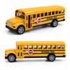 A yellow die-cast school bus with pull-back action and a red stop sign on the front.