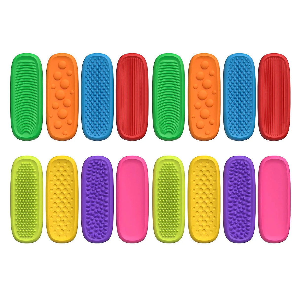 Un ensemble de bandes anti-stress en silicone colorées et de différentes formes pour le soulagement sensoriel.